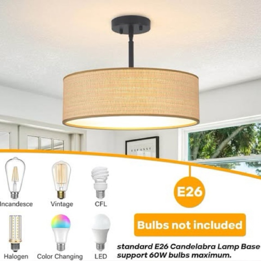 (NEW) Light : Boho Rattan Drum Ceiling Light Fixture 18”x5” HOME DECOR